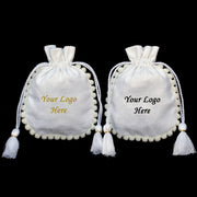 White Designer Jewelry Pouches with Custom Logo, Drawstring Packaging Pouch with PomPom 100 pcs β CraftJaipur